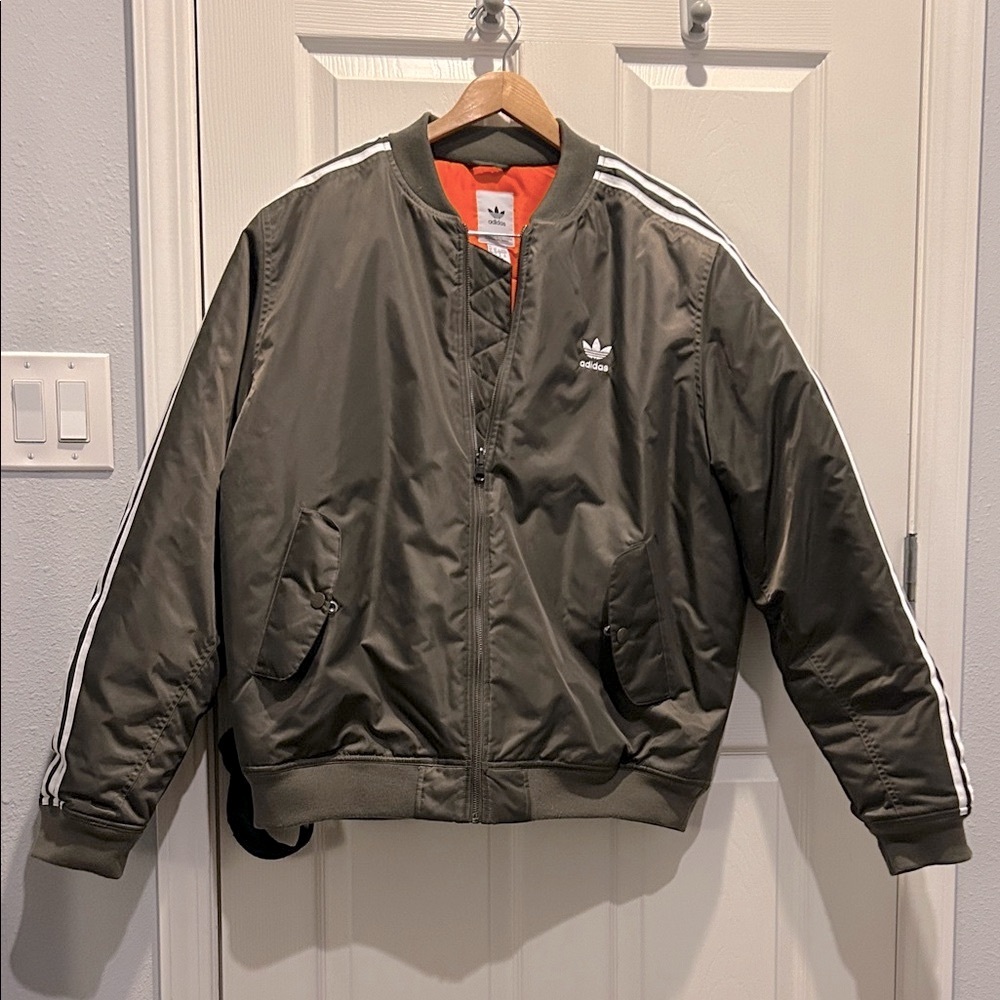 Adidas Men's Dark Green Bomber Jacket with Orange Lining